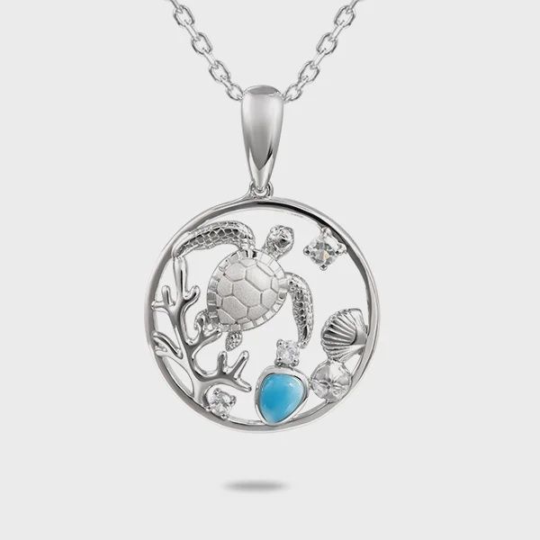 .925 SS 0.20ctw Aquamarine & Larimar "Ocean Reef" Circular Pendant Necklace