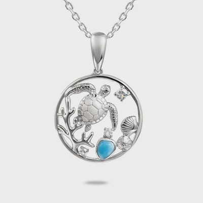 .925 SS 0.20ctw Aquamarine & Larimar "Ocean Reef" Circular Pendant Necklace
