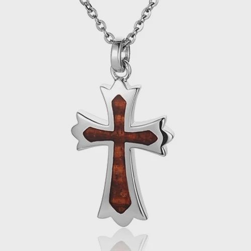 .925 SS Hawaiian Koa Wood Inlay Cross Pendant Necklace