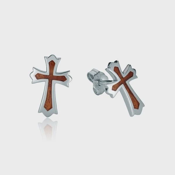 .925 SS Hawaiian Koa Wood Inlay Cross Stud Earrings