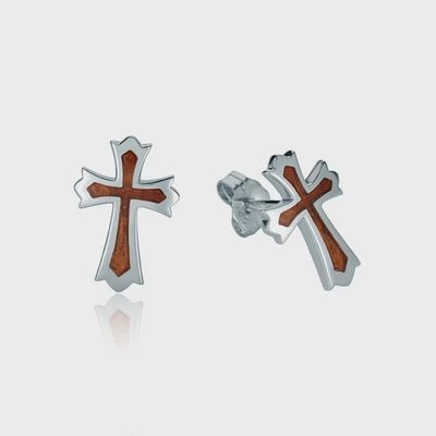 .925 SS Hawaiian Koa Wood Inlay Cross Stud Earrings