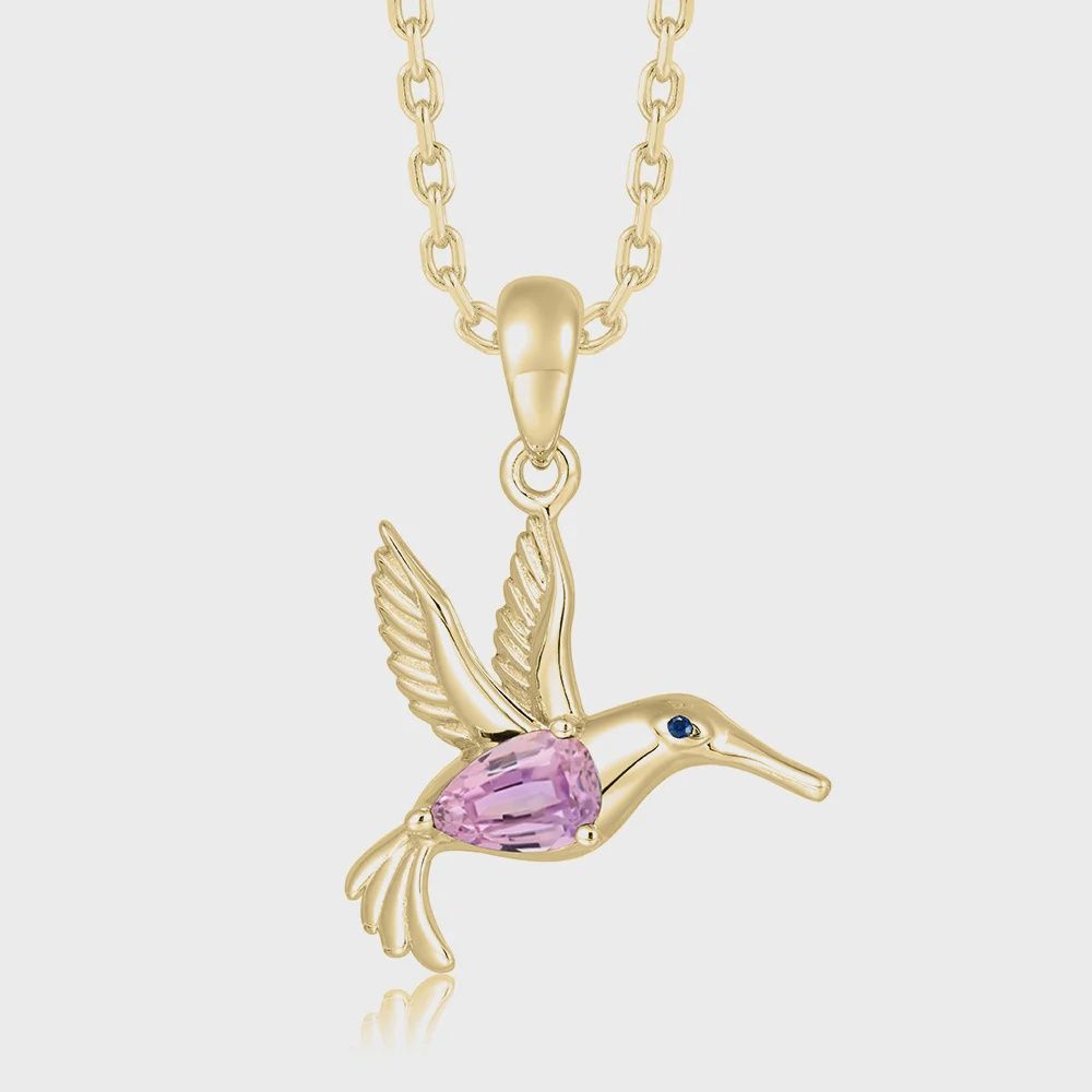 14k YG Hummingbird Pendant with Pink and Blue Sapphires