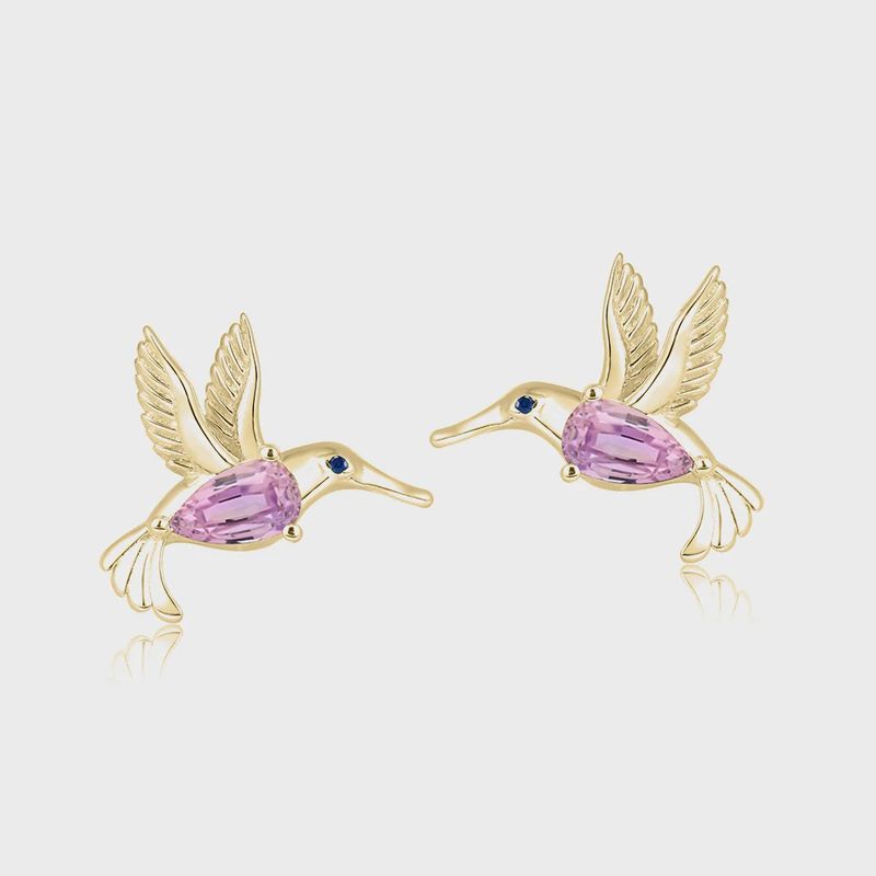 14k YG Hummingbird Stud Earrings with Pink and Blue Sapphires