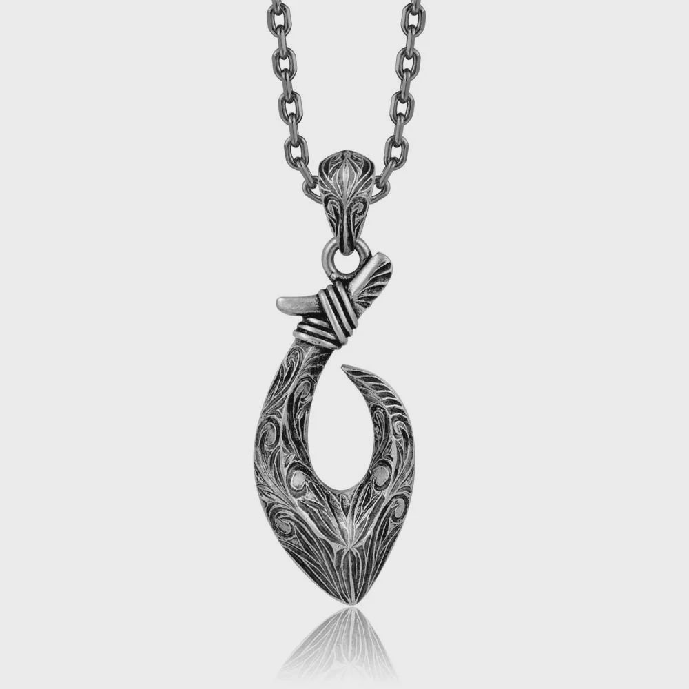 Oxidized .925 SS Scroll Engraved Makau Fish Hook Pendant