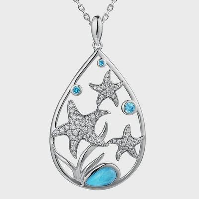 .925 SS Larimar & CZ Starfish Open Teardrop Pendant