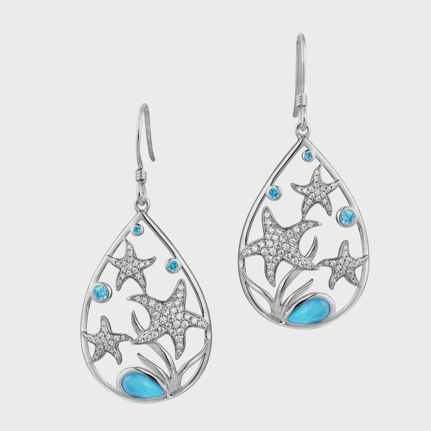 .925 SS Larimar & CZ Starfish Open Teardrop Earrings