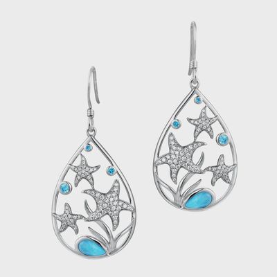.925 SS Larimar & CZ Starfish Open Teardrop Earrings
