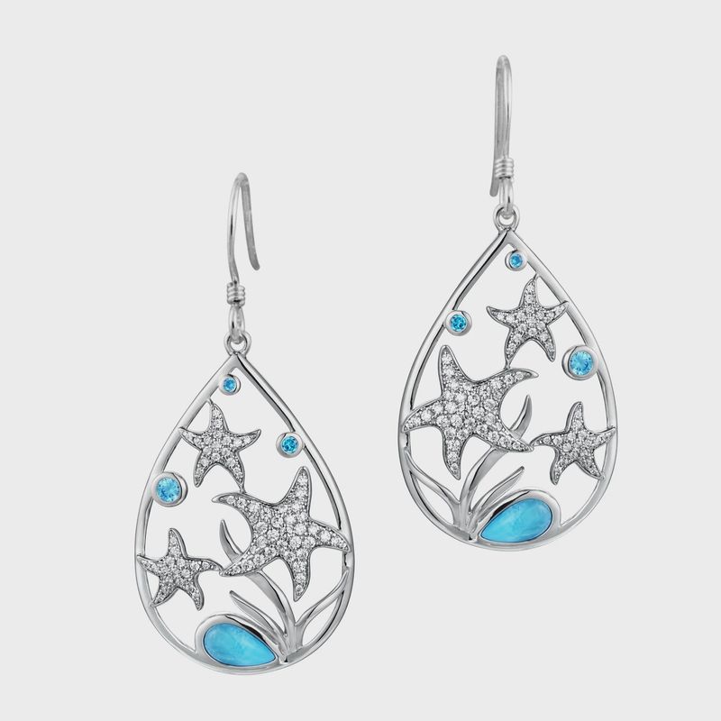 .925 SS Larimar & CZ Starfish Open Teardrop Earrings