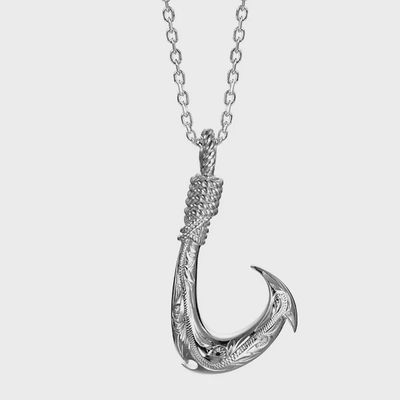 .925 SS Scroll Engraved Makau Fish Hook Pendant Necklace