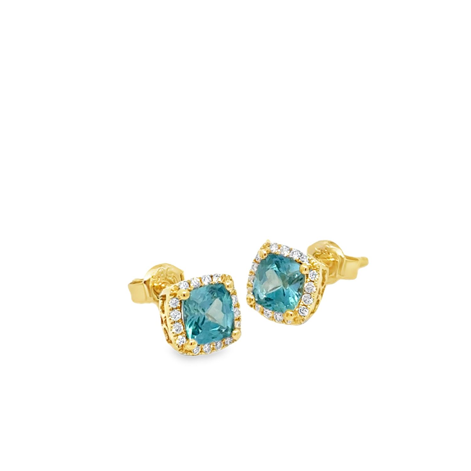 14k YG 1.13ctw Blue Zircon & 0.047ctw Diamond Halo Stud Earrings