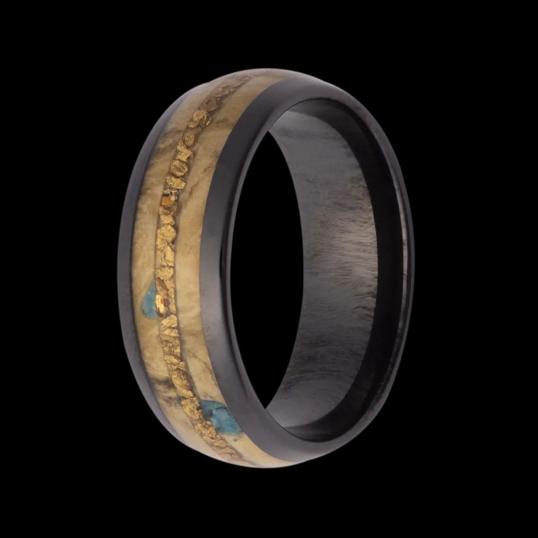 Black Ceramic Buckeye Burl Wood, Turquoise & Gold Nugget Inlay 8mm Men's Band