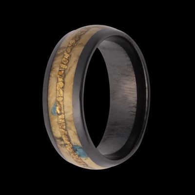 Black Ceramic Buckeye Burl Wood, Turquoise & Gold Nugget Inlay 8mm Men's Band