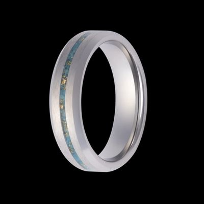Tungsten Beveled Satin Turquoise & Gold Leaflet Center Inlay Men's Band