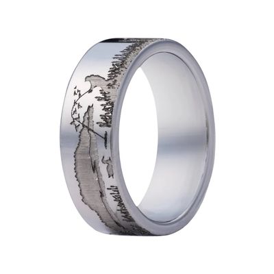 Tungsten Flat Polished Deep Engraving Fishing Theme Men's Ring