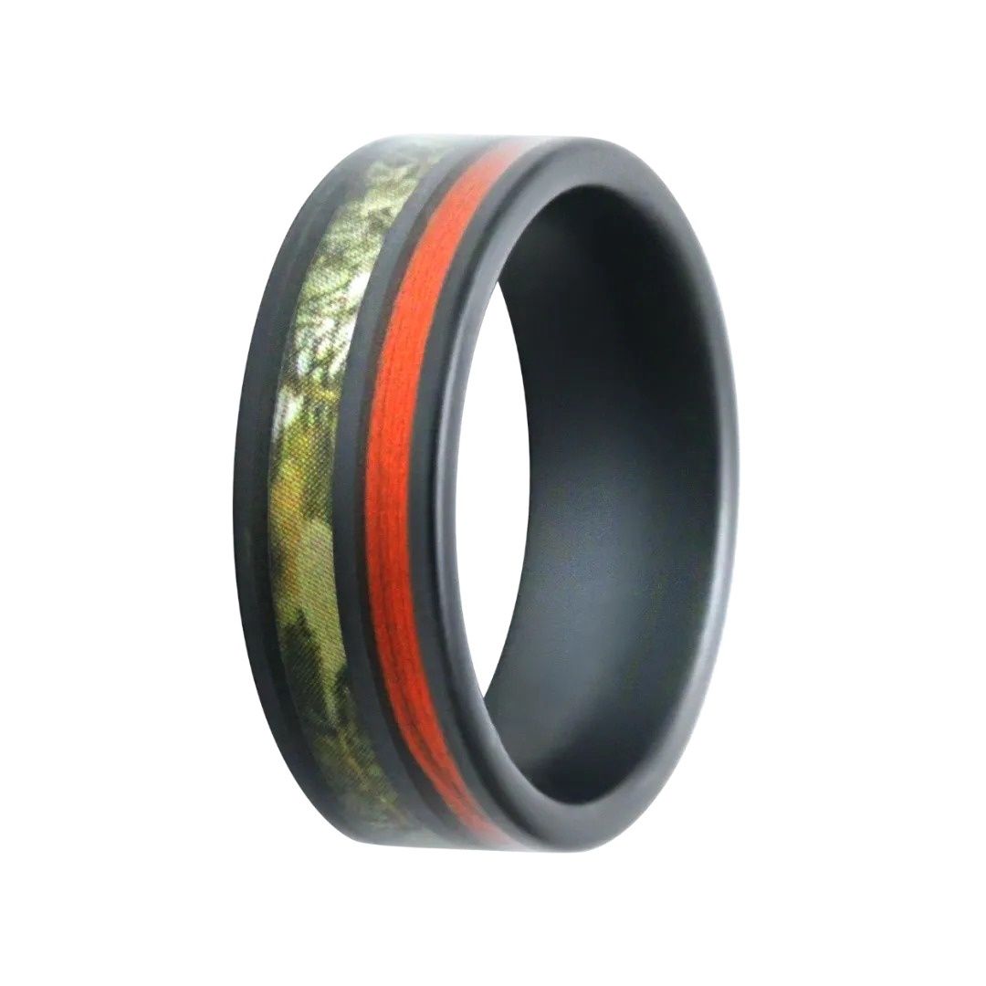 Black Ceramic Flat Matte Pine Camo Orange Fishing Line Men's Ring