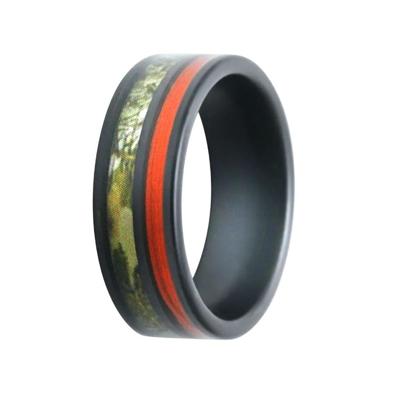 Black Ceramic Flat Matte Pine Camo Orange Fishing Line Men's Ring