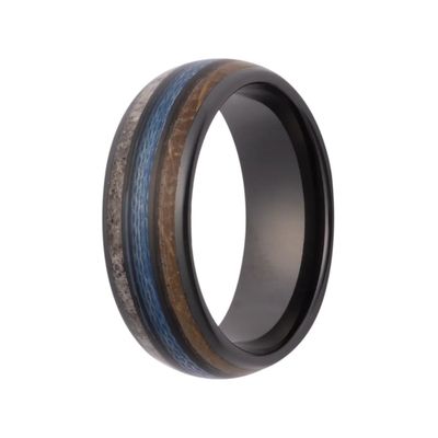 Black Ceramic Antler Blue Fishing Line Whiskey Barrel Wood Men's Ring