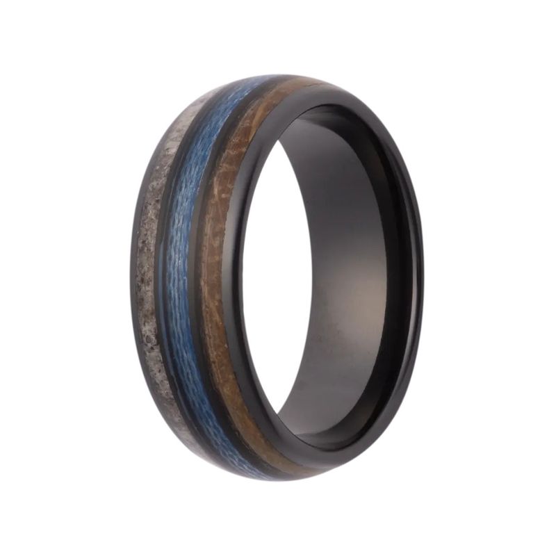 Black Ceramic Antler Blue Fishing Line Whiskey Barrel Wood Men's Ring