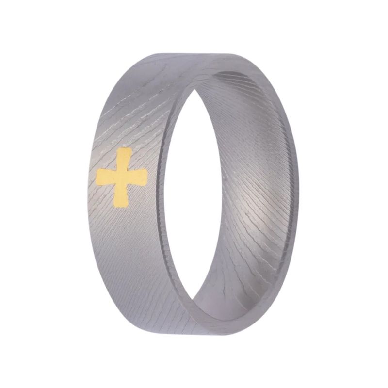 7mm Flat Damascus Fog Finish 24k Cross Inlay Men's Ring