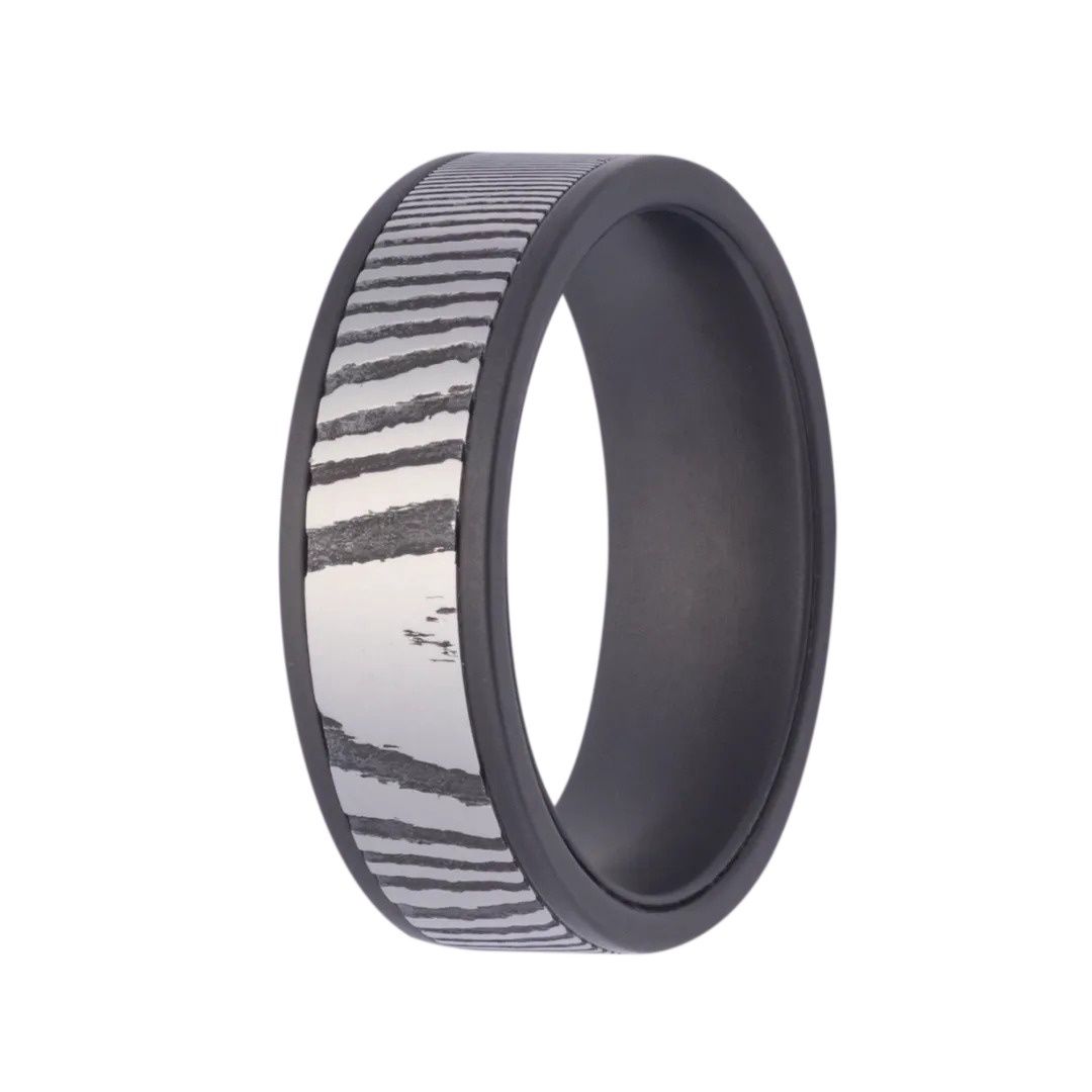 7mm Flat Zirconium Matte 5mm Damascus Inlay Men's Ring