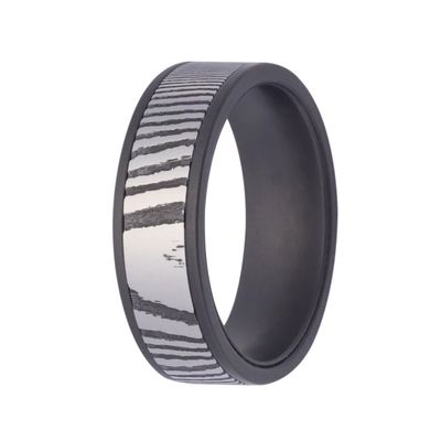7mm Flat Zirconium Matte 5mm Damascus Inlay Men's Ring