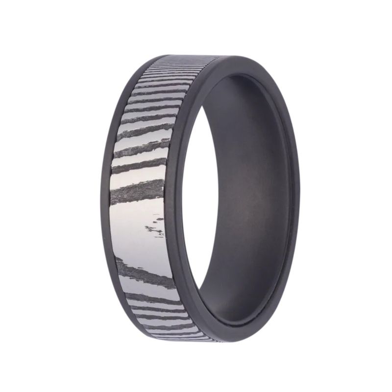7mm Flat Zirconium Matte 5mm Damascus Inlay Men's Ring