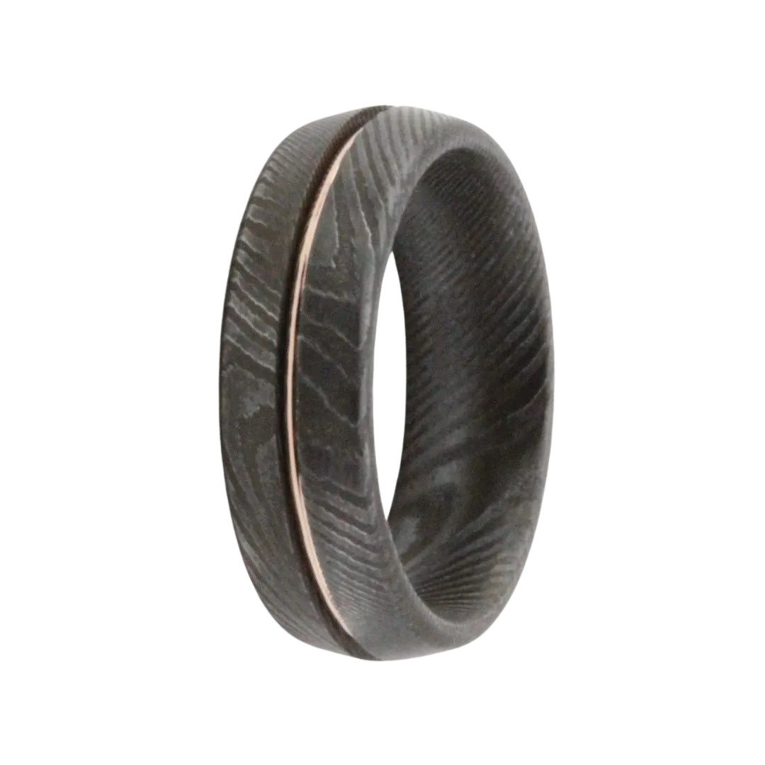 7mm Kife Edge Damascus 14k Rose Wire Inlay Men's Ring
