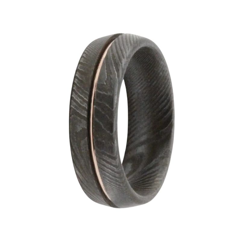 7mm Kife Edge Damascus 14k Rose Wire Inlay Men's Ring