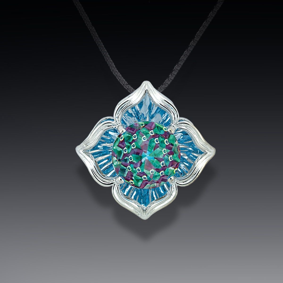 14k WG Blue Topaz Davinchi Cut Pendant Necklace