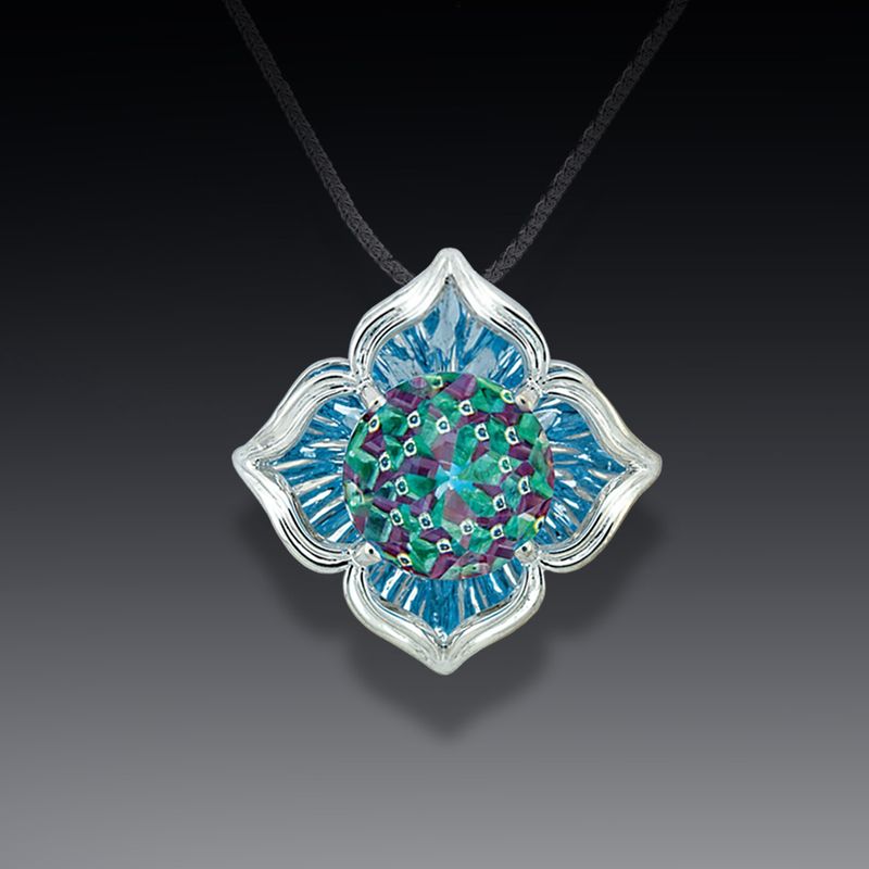 14k WG Blue Topaz Davinchi Cut Pendant Necklace