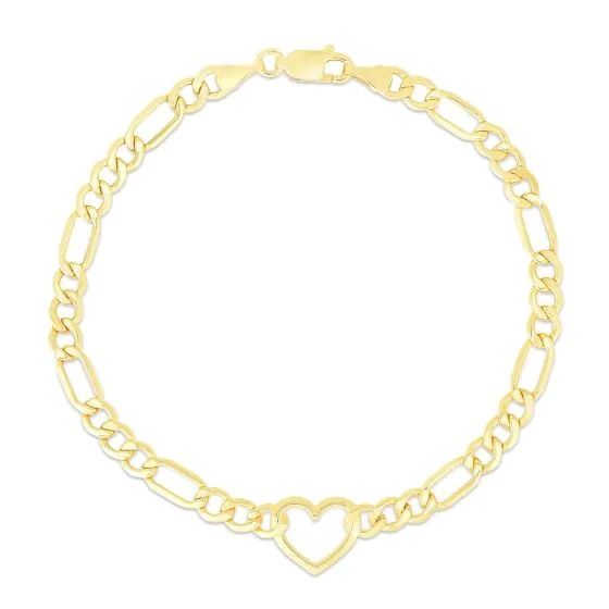 10k YG Heart Figaro Chain Bracelet 7"