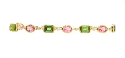 14k YG 10.50ctw Pink & Green Tourmaline with 0.20ctw Diamond Accents Bracelet