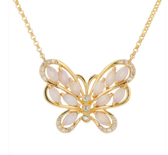 14k YG 0.50ctw Opal & 0.50ctw Diamond Butterfly Necklace