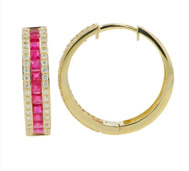 14k YG 8.50ctw Ruby & 0.75ctw Diamond Hoop Earrings