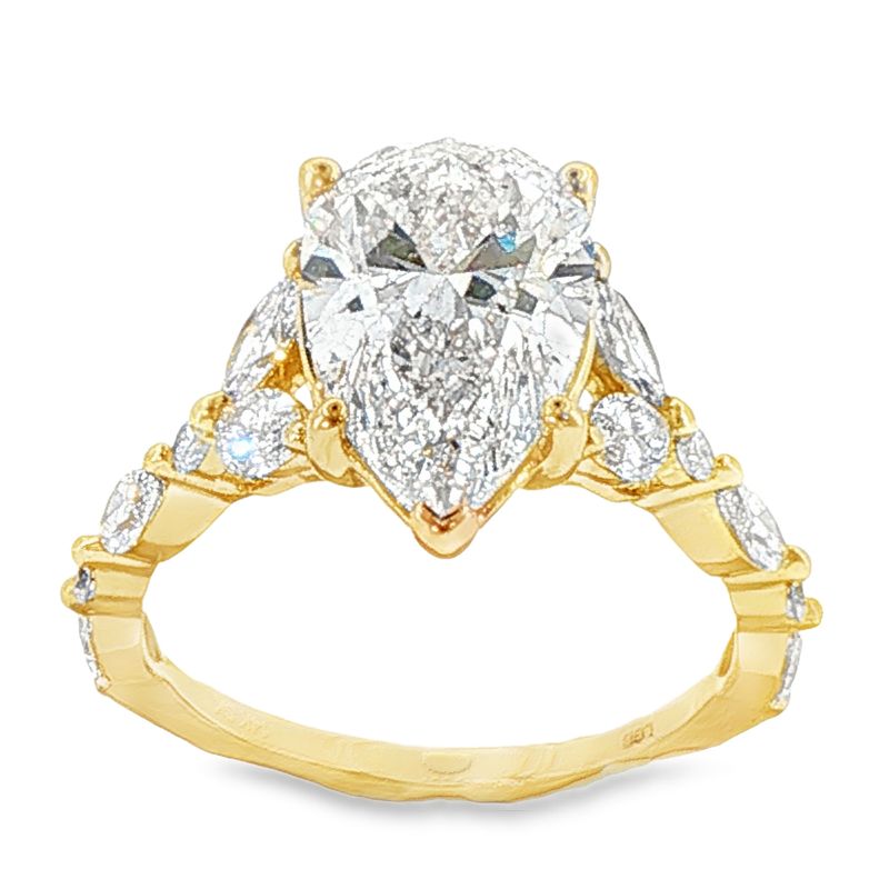14K YG 3.90 ctw Pear-Cut LGD Engagement Ring