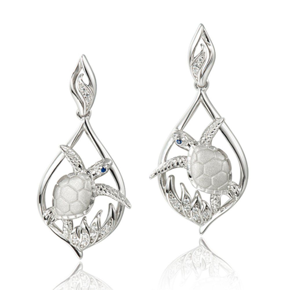 .925 SS Sea Turtle Ocean Wave Teardrop Earrings with White Topaz Accents