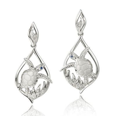 .925 SS Sea Turtle Ocean Wave Teardrop Earrings with White Topaz Accents