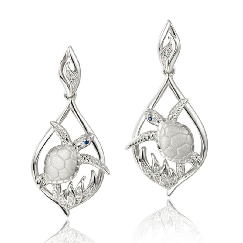 .925 SS Sea Turtle Ocean Wave Teardrop Earrings with White Topaz Accents