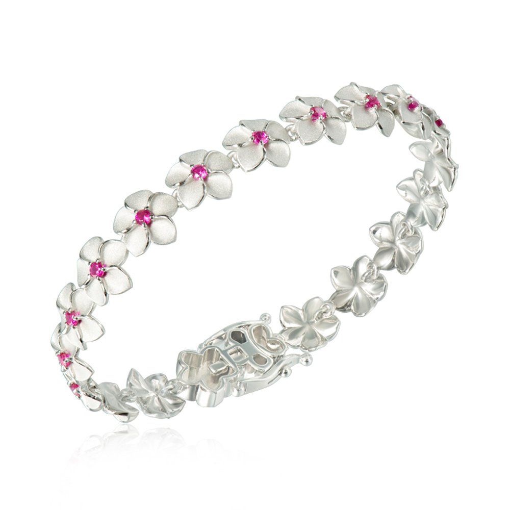 .925 SS Plumeria Floral Link Bracelet with 1.65 ctw Garnet