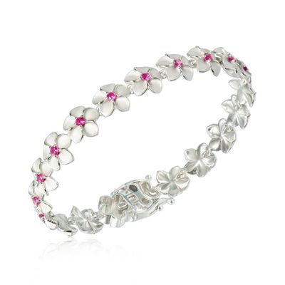 .925 SS Plumeria Floral Link Bracelet with 1.65 ctw Garnet