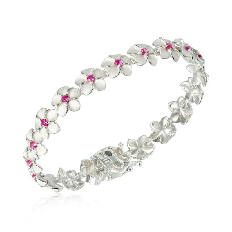 .925 SS Plumeria Floral Link Bracelet with 1.65 ctw Garnet
