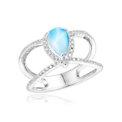 .925 SS Teardrop Larimar Crossover Ring with White Topaz