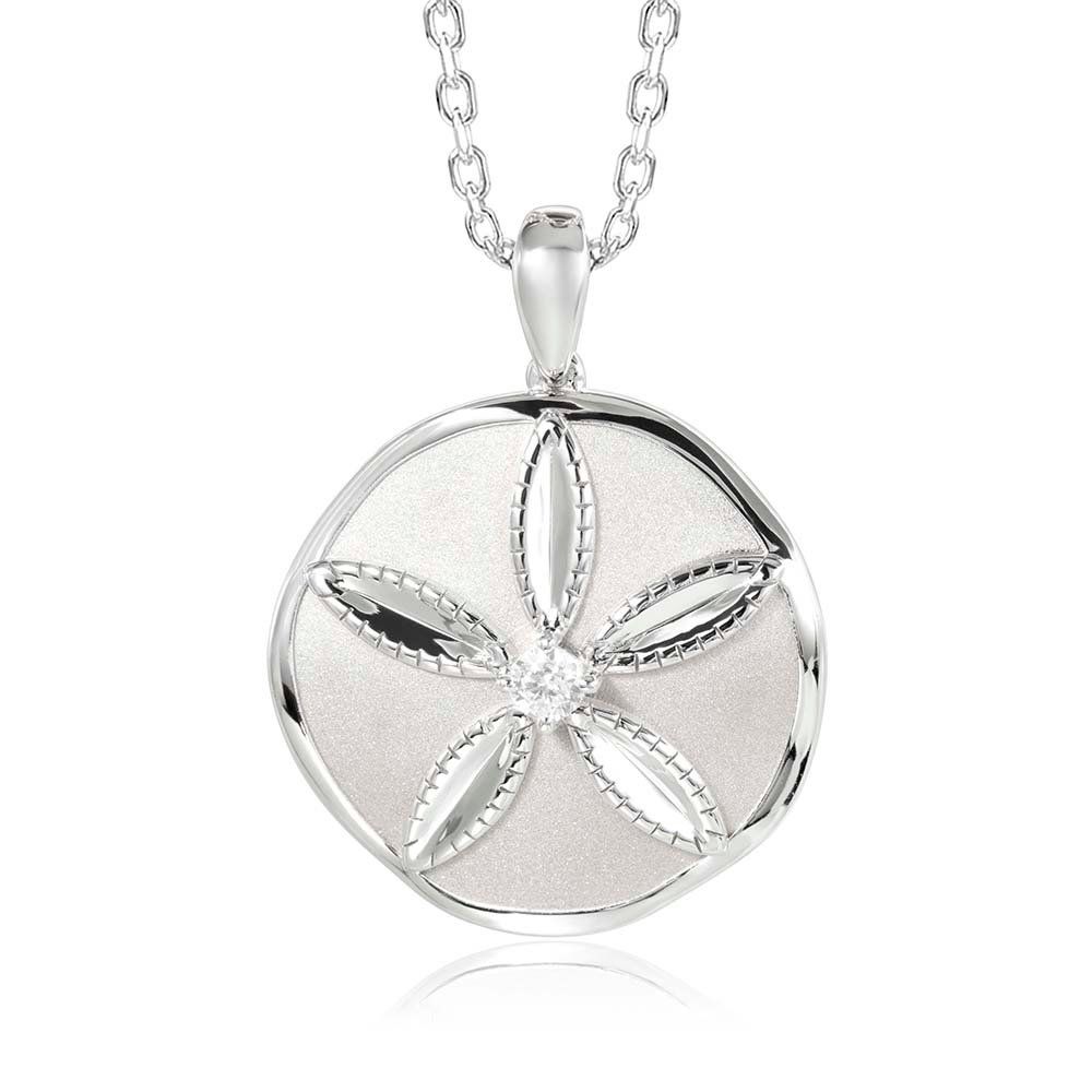 .925 SS Coastal Sand Dollar Circle Pendant Necklace with White Topaz
