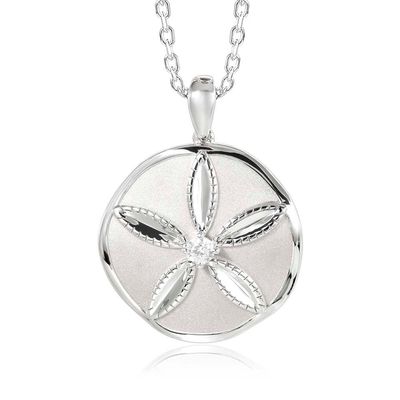 .925 SS Coastal Sand Dollar Circle Pendant Necklace with White Topaz