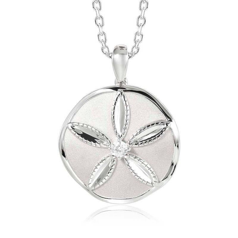.925 SS Coastal Sand Dollar Circle Pendant Necklace with White Topaz
