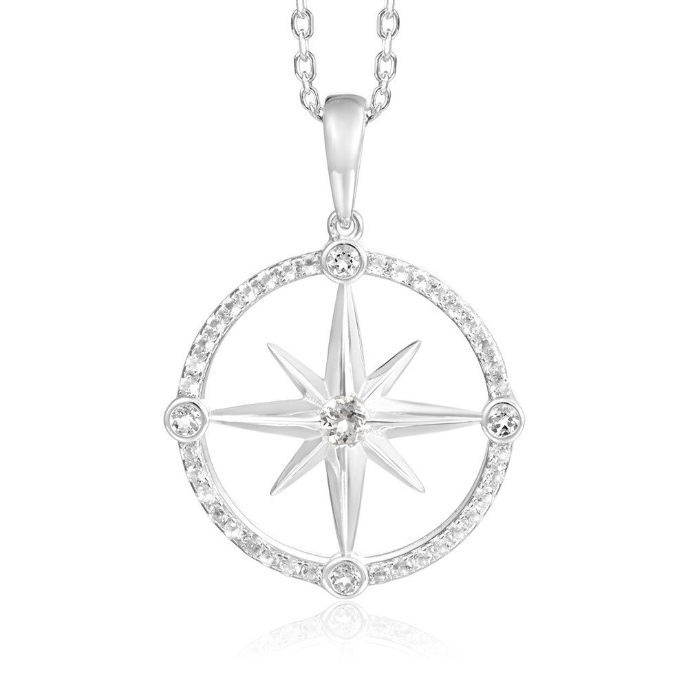 .925 SS North Star Compass Necklace it inwith White Topaz
