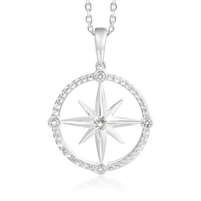 .925 SS North Star Compass Necklace it inwith White Topaz