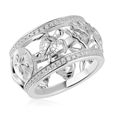 .925 SS Marine Life White Topaz Pavé Border Ring Sz7