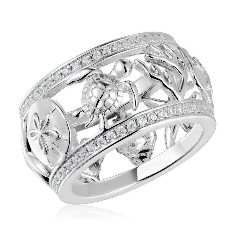 .925 SS Marine Life White Topaz Pavé Border Ring Sz7