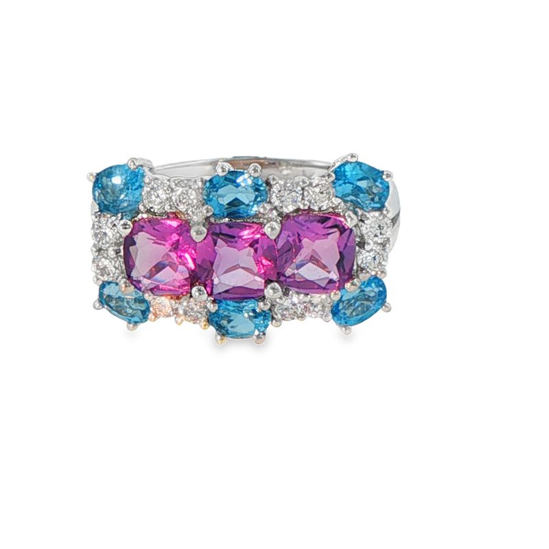 14k WG Blue & White Topaz, & Amethyst Ring Sz 7